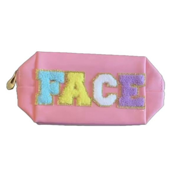 Pink "FACE" Cosmetic Makeup Bag, Patch Chenille Letter. Multi-colored - Picture 2 of 5